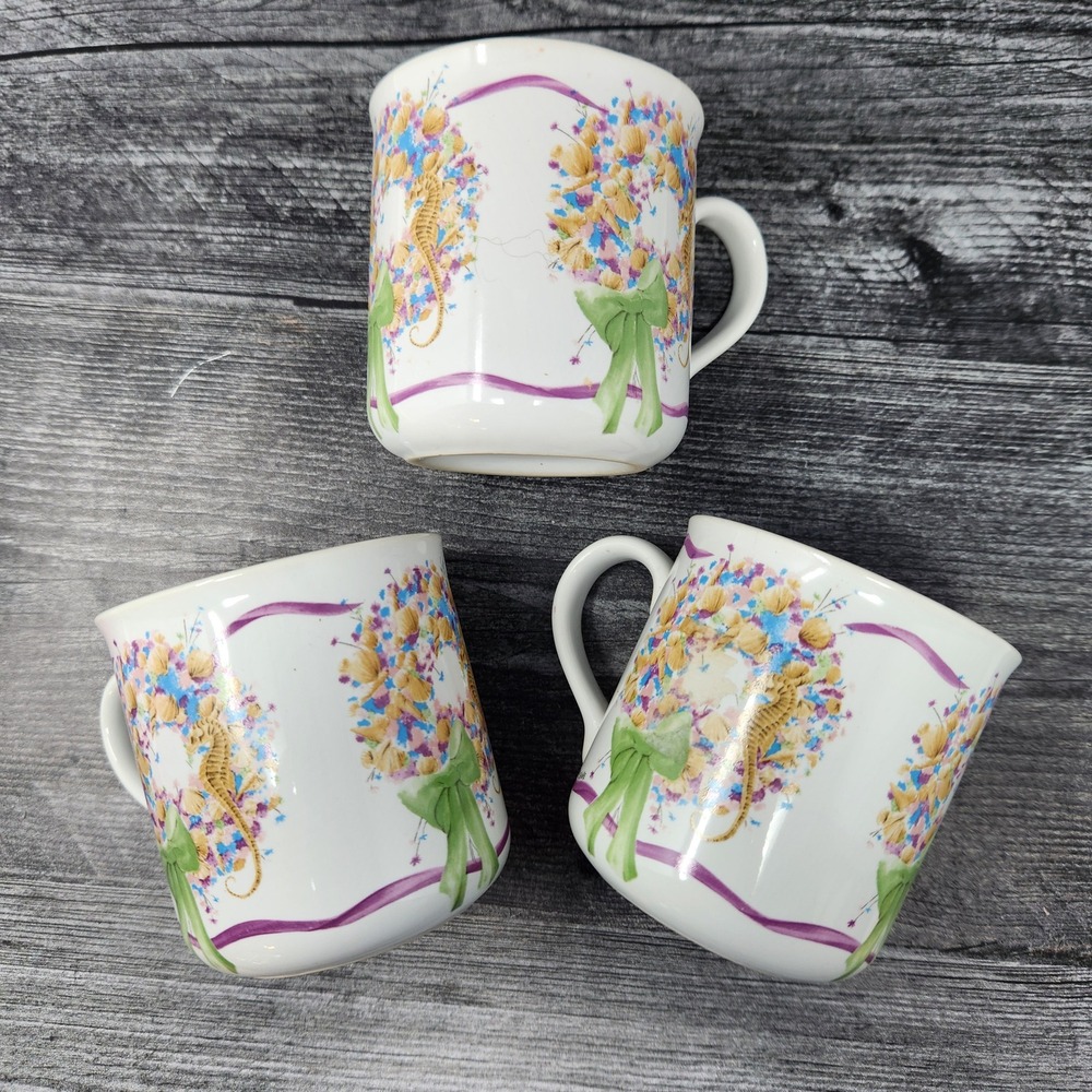 Vtg‎ Set of 3 Coffee Mugs Seahorse Nautical Seashells Ribbons Country Cottage